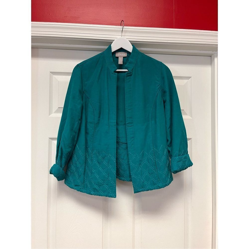 Chico’s Teal Quilted Open Front Jacket sz 0 or S EUC